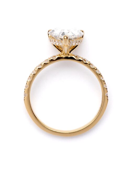 Trotters 18ct Yellow Gold 3ct Pear Cut Lab Grown Diamond Ring With Diamond Set Shoulders And Hidden Diamond Halo