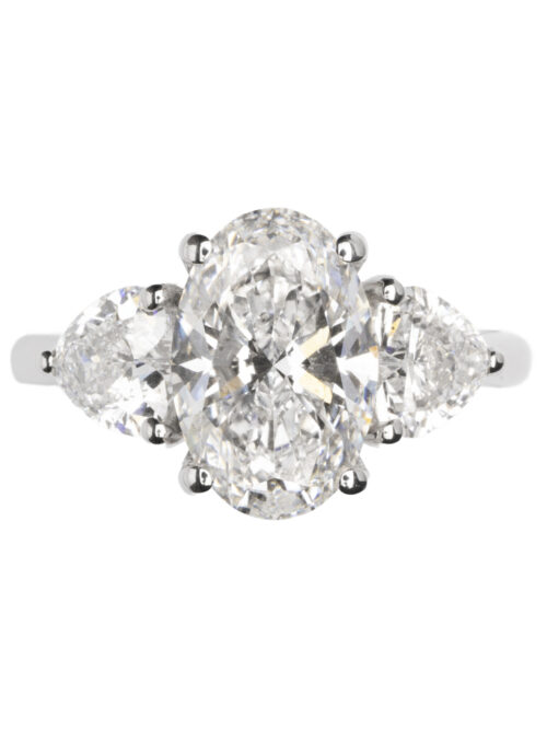 Trotters Platinum Three Stone Lab Grown Diamond Ring With Oval Centre 2.50ct And Heart Shoulders