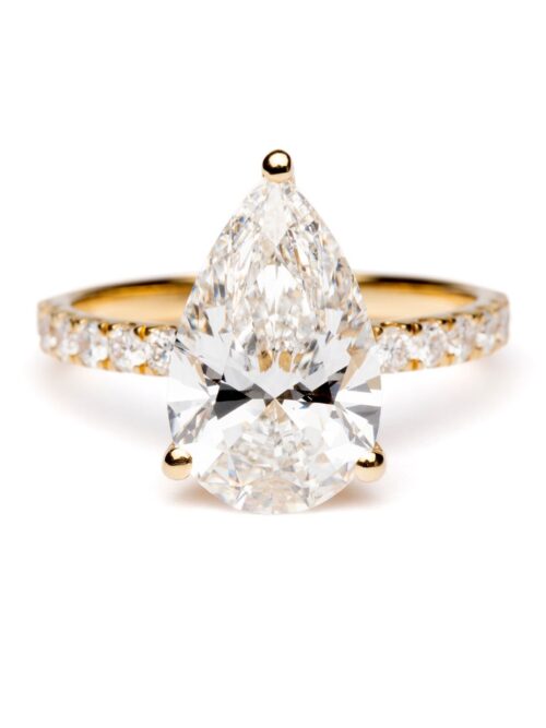 Trotters 18ct Yellow Gold 3ct Pear Cut Lab Grown Diamond Ring With Diamond Set Shoulders And Hidden Diamond Halo
