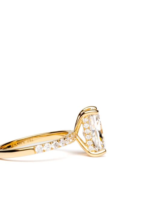 Trotters 18ct Yellow Gold 3ct Radiant Cut Lab Grown Diamond Ring With Diamond Set Shoulders And Hidden Diamond Halo