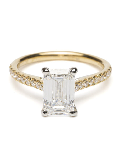 Trotters 18ct Yellow Gold / Platinum Single Stone Lab Grown Emerald Cut Diamond Ring With Diamond Set Shoulders