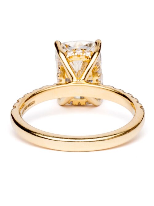 Trotters 18ct Yellow Gold 3ct Cushion Cut Lab Grown Diamond Ring With Diamond Set Shoulders And Hidden Diamond Halo