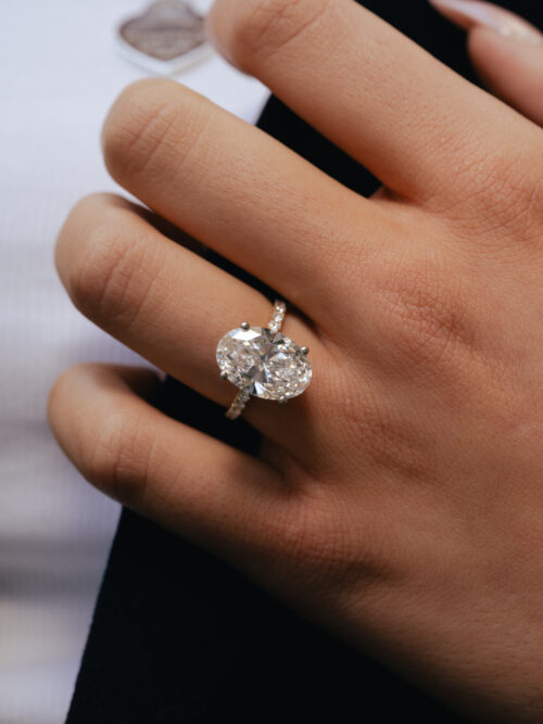 Trotters 18ct Yellow Gold & Platinum 5ct Lab Grown Oval Diamond Ring With Diamond Set Shoulders & Hidden Diamond Halo