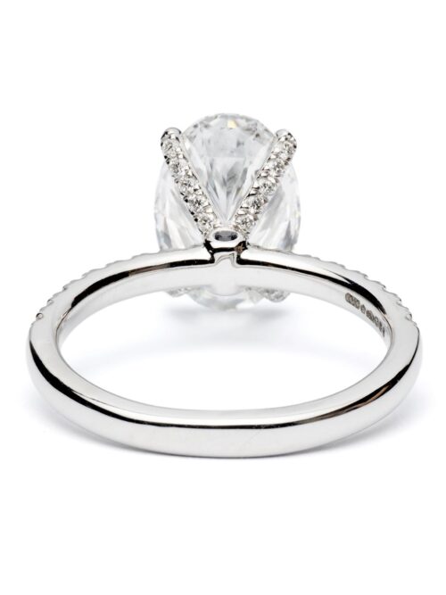 Trotters Platinum 3ct Lab Grown Oval Diamond Ring With Diamond Set Shoulders And Diamond Claws