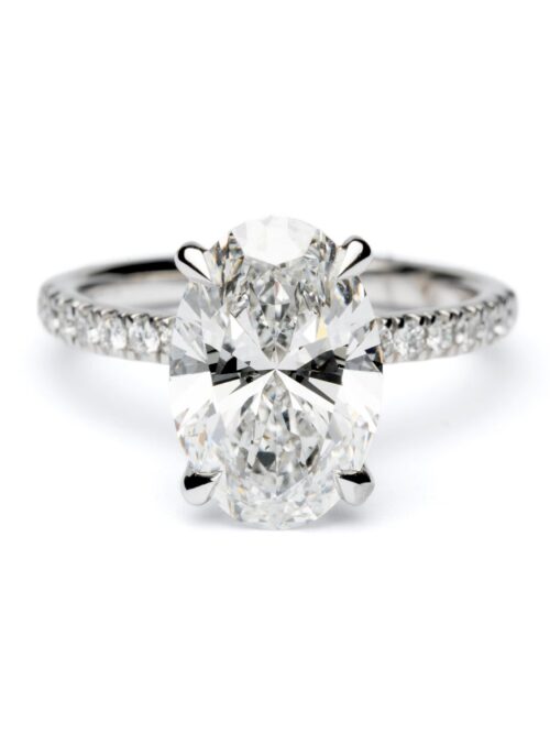 Trotters Platinum 3ct Lab Grown Oval Diamond Ring With Diamond Set Shoulders And Diamond Claws