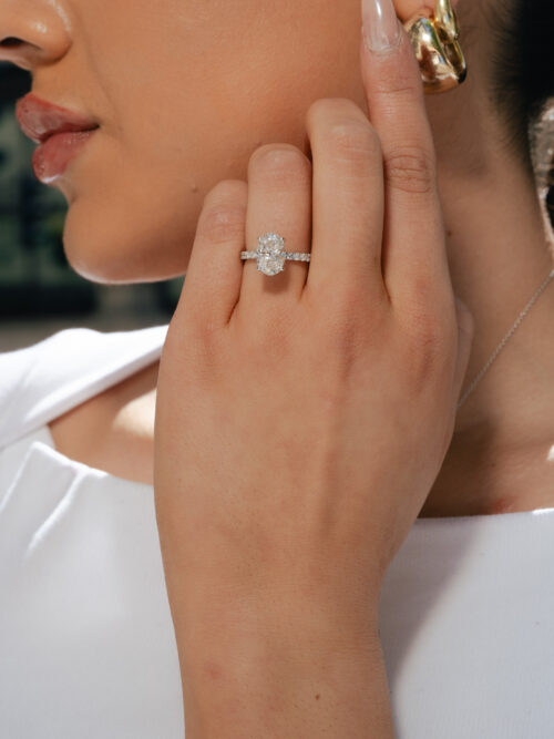 Trotters Platinum 2.5ct Lab Grown Oval Diamond Ring With Diamond Set Shoulders & Hidden Diamond Halo