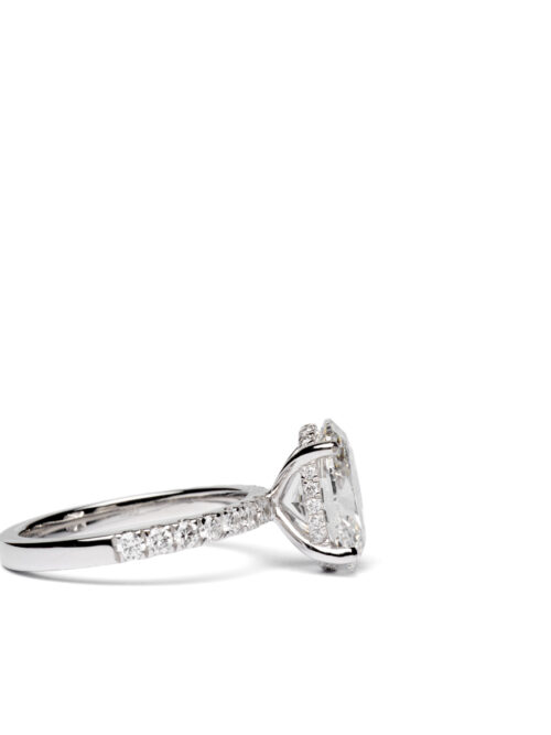 Trotters Platinum 2.5ct Lab Grown Oval Diamond Ring With Diamond Set Shoulders & Hidden Diamond Halo