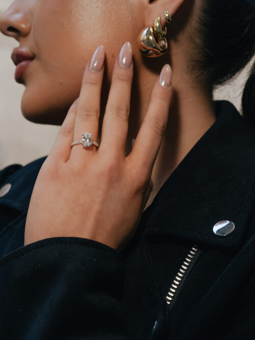 Trotters 18ct Yellow Gold & Platinum 2ct Lab Grown Oval Diamond Ring With Diamond Set Shoulders & Hidden Diamond Halo
