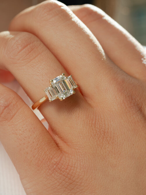 Trotters 18ct Yellow Gold Three Stone Lab Grown Diamond Ring Three Emerald Triolgy