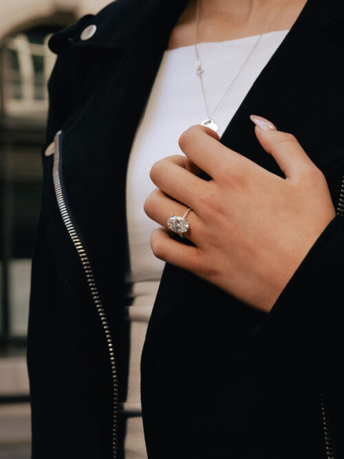 Trotters 18ct Yellow Gold & Platinum 5ct Lab Grown Oval Diamond Ring With Diamond Set Shoulders & Hidden Diamond Halo