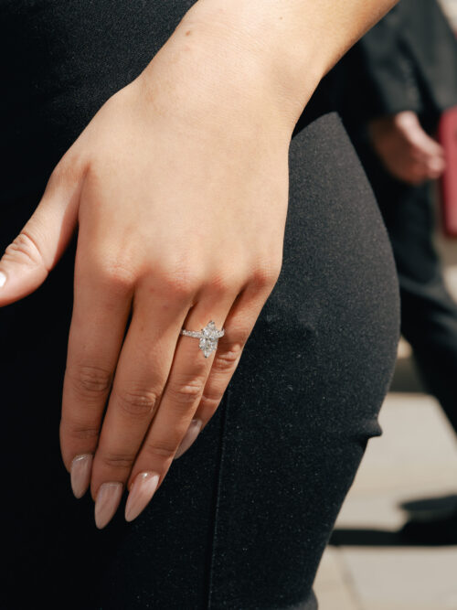 Trotters Platinum 2ct Lab Grown Marquise Diamond Ring With Diamond Set Shoulders & Hidden Diamond Halo