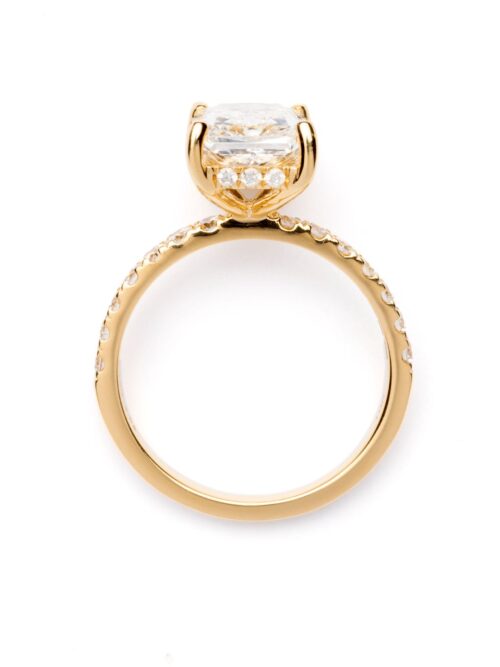 Trotters 18ct Yellow Gold 3ct Radiant Cut Lab Grown Diamond Ring With Diamond Set Shoulders And Hidden Diamond Halo