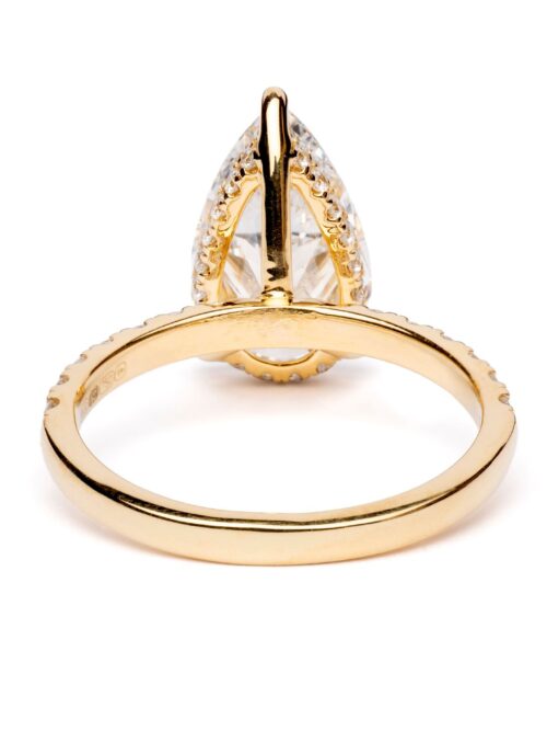 Trotters 18ct Yellow Gold 3ct Pear Cut Lab Grown Diamond Ring With Diamond Set Shoulders And Hidden Diamond Halo