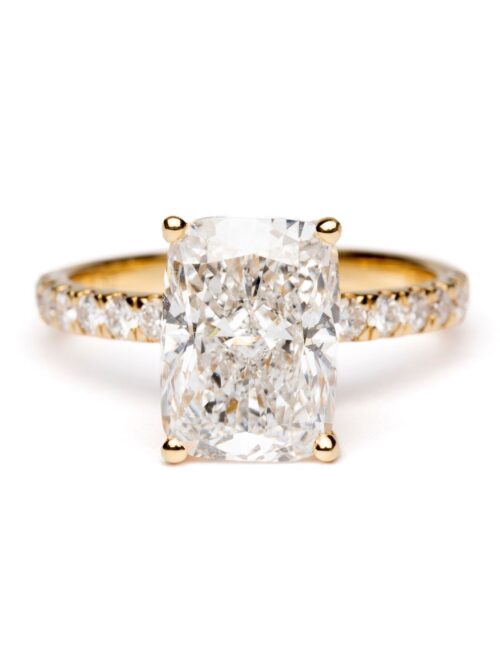 Trotters 18ct Yellow Gold 3ct Cushion Cut Lab Grown Diamond Ring With Diamond Set Shoulders And Hidden Diamond Halo