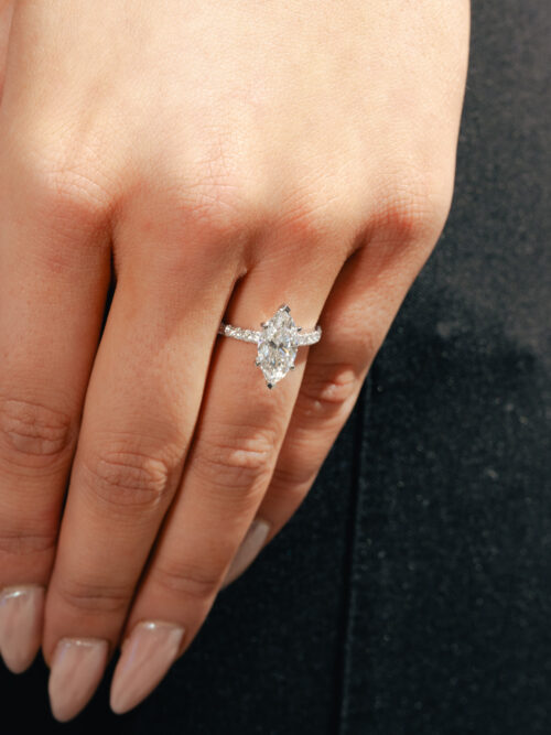 Trotters Platinum 2ct Lab Grown Marquise Diamond Ring With Diamond Set Shoulders & Hidden Diamond Halo