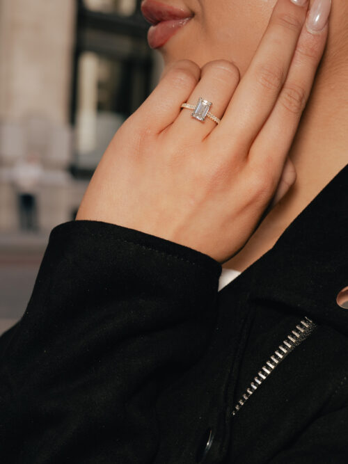 Trotters 18ct Yellow Gold / Platinum Single Stone Lab Grown Emerald Cut Diamond Ring With Diamond Set Shoulders