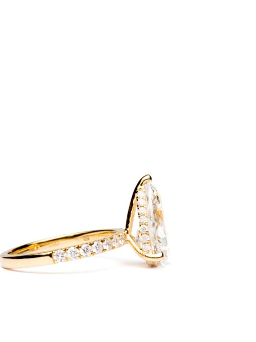 Trotters 18ct Yellow Gold 3ct Pear Cut Lab Grown Diamond Ring With Diamond Set Shoulders And Hidden Diamond Halo