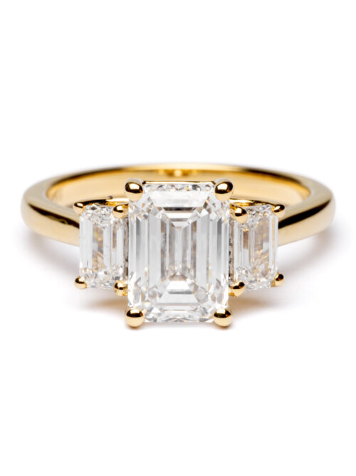 Trotters 18ct Yellow Gold Three Stone Lab Grown Diamond Ring Three Emerald Triolgy