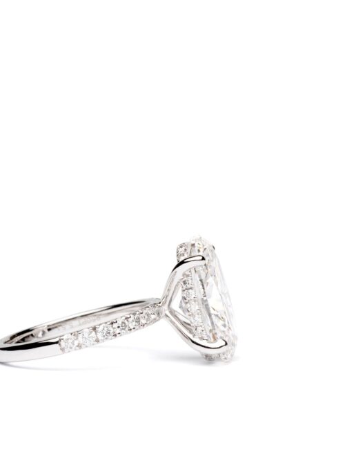 Trotters Platinum 5ct Oval Cut Lab Grown Diamond Ring With Diamond Set Shoulders And Hidden Diamond Halo