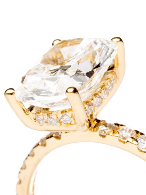 Trotters 18ct Yellow Gold 3ct Cushion Cut Lab Grown Diamond Ring With Diamond Set Shoulders And Hidden Diamond Halo