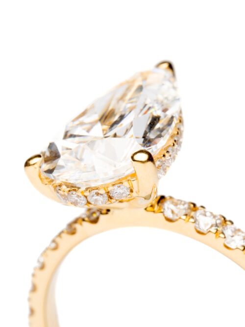 Trotters 18ct Yellow Gold 3ct Pear Cut Lab Grown Diamond Ring With Diamond Set Shoulders And Hidden Diamond Halo