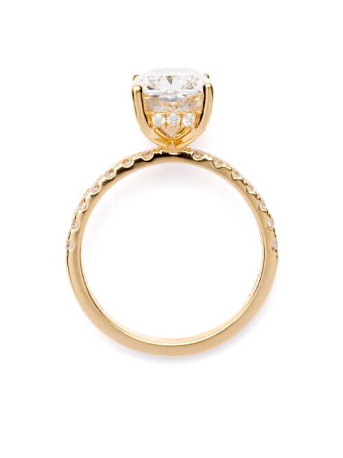 Trotters 18ct Yellow Gold 3ct Cushion Cut Lab Grown Diamond Ring With Diamond Set Shoulders And Hidden Diamond Halo