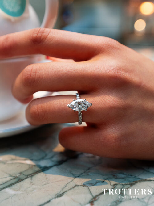 Trotters Platinum 2ct Lab Grown Marquise Diamond Ring With Diamond Set Shoulders & Hidden Diamond Halo