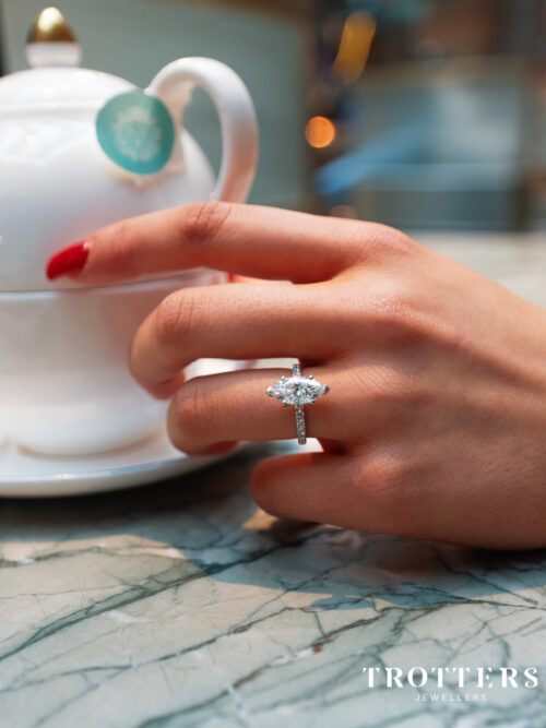 Trotters Platinum 2ct Lab Grown Marquise Diamond Ring With Diamond Set Shoulders & Hidden Diamond Halo