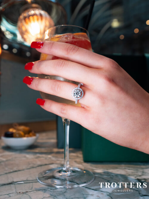 Trotters Platinum Single Stone Lab Grown Diamond Ring Brilliant Round With A Diamond Halo And Shoulders
