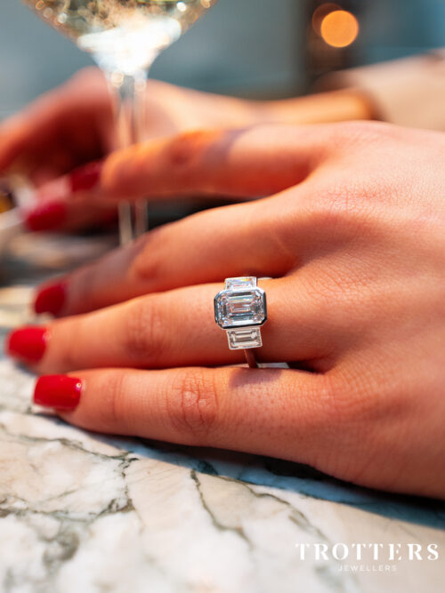 Trotters Platinum 2.5ct Emerald Cut Lab Grown Diamond Ring With Baguette Shoulders