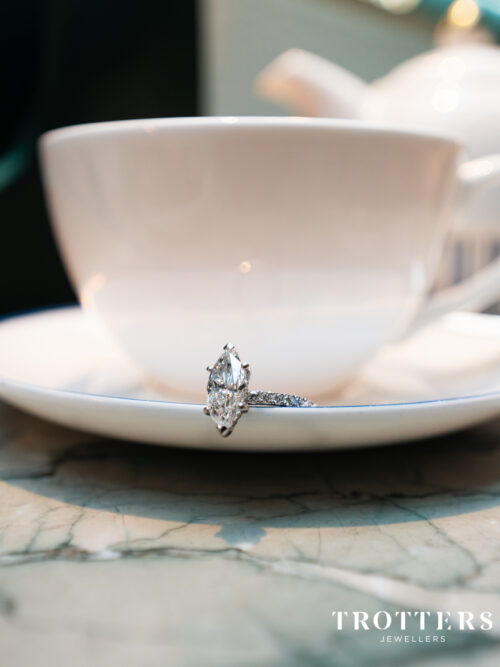 Trotters Platinum 2ct Lab Grown Marquise Diamond Ring With Diamond Set Shoulders & Hidden Diamond Halo