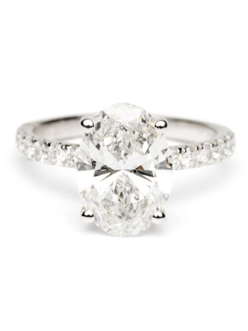 Trotters Platinum 2.50ct Oval Cut Lab Grown Diamond Ring With Diamond Set Shoulders And Hidden Diamond Halo
