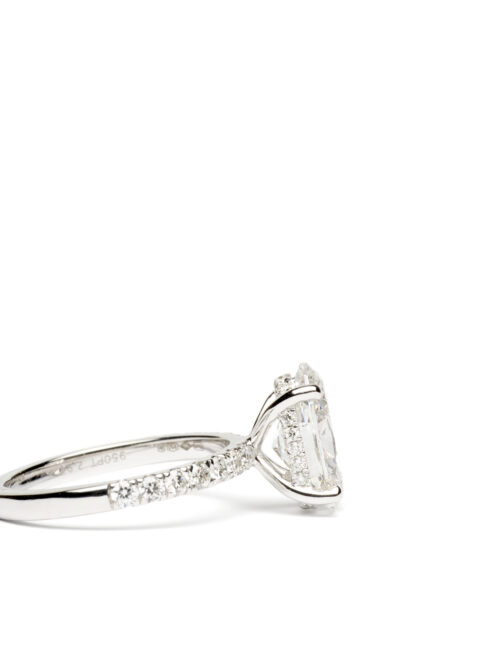 Trotters Platinum 2.50ct Oval Cut Lab Grown Diamond Ring With Diamond Set Shoulders And Hidden Diamond Halo