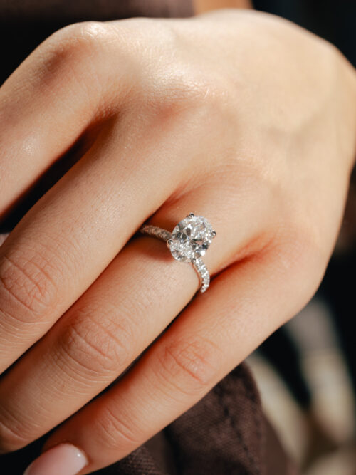 Trotters Platinum 2.50ct Oval Cut Lab Grown Diamond Ring With Diamond Set Shoulders And Hidden Diamond Halo