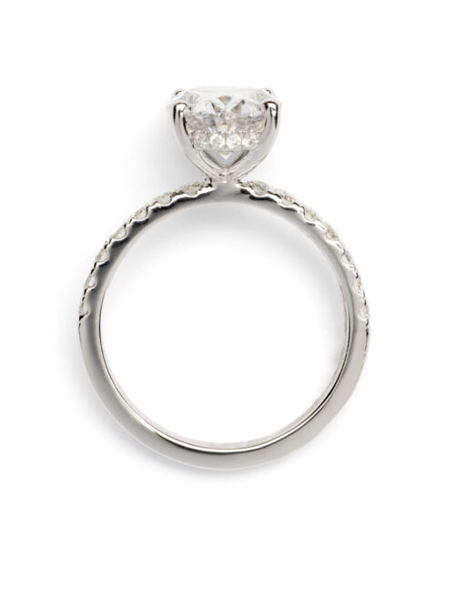 Trotters Platinum 2.50ct Oval Cut Lab Grown Diamond Ring With Diamond Set Shoulders And Hidden Diamond Halo