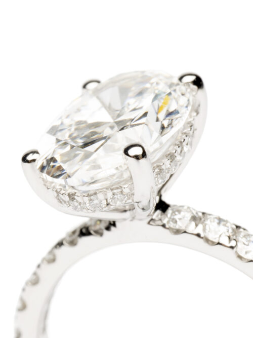 Trotters Platinum 2.50ct Oval Cut Lab Grown Diamond Ring With Diamond Set Shoulders And Hidden Diamond Halo