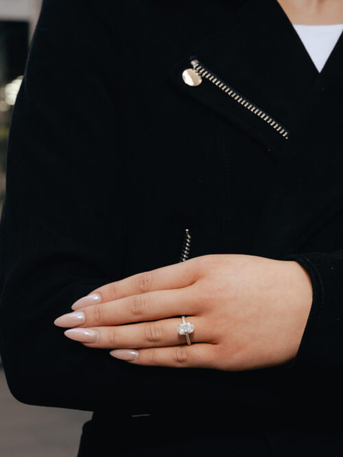 Trotters 18ct Yellow Gold & Platinum 2.6ct Lab Grown Oval Diamond Ring With Diamond Set Shoulders & Hidden Diamond Halo