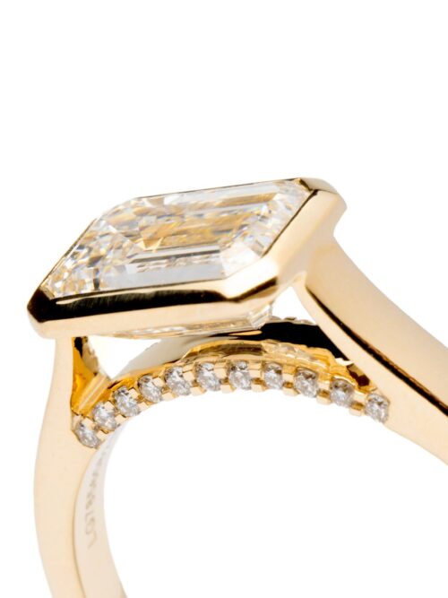 Trotters 9ct Yellow Gold 2ct Emerald Cut Lab Grown Diamond Ring With Diamond Set Bridge