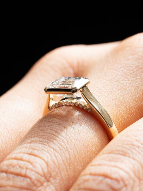 Trotters 9ct Yellow Gold 2ct Emerald Cut Lab Grown Diamond Ring With Diamond Set Bridge