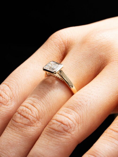 Trotters 9ct Yellow Gold 2ct Emerald Cut Lab Grown Diamond Ring With Diamond Set Bridge