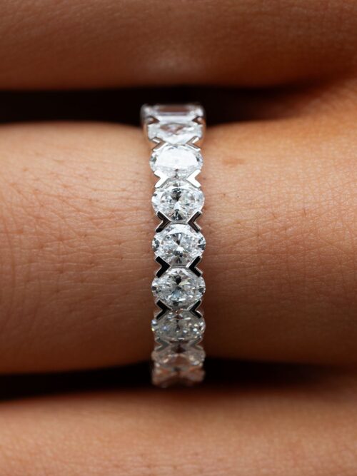 Trotters 9ct White Gold 2.43ct Emerald Cut And 1.47ct Oval Cut Lab Grown Diamond Eternity Ring