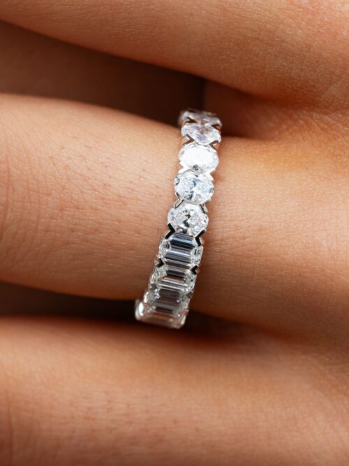 Trotters 9ct White Gold 2.43ct Emerald Cut And 1.47ct Oval Cut Lab Grown Diamond Eternity Ring