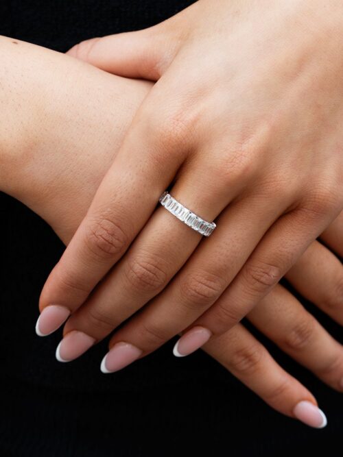 Trotters 9ct White Gold 2.43ct Emerald Cut And 1.47ct Oval Cut Lab Grown Diamond Eternity Ring