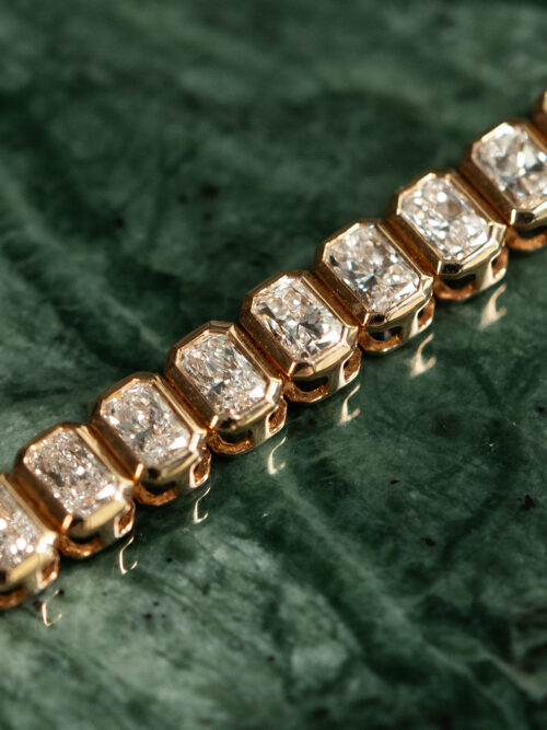 Trotters 9ct Yellow Gold 6ct Radiant Cut Lab Grown Diamond Rubover Bezel Set Bracelet