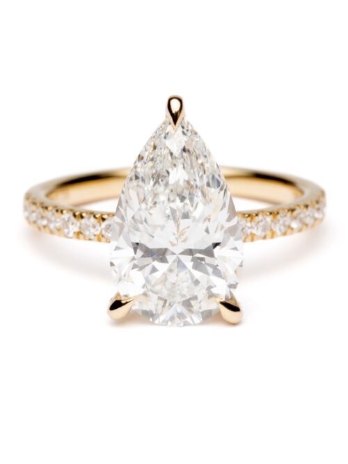 Trotters 18ct Yellow Gold 3ct Pear Cut Lab Grown Diamond Ring With Diamond Set Shoulders And Diamond Set Claws