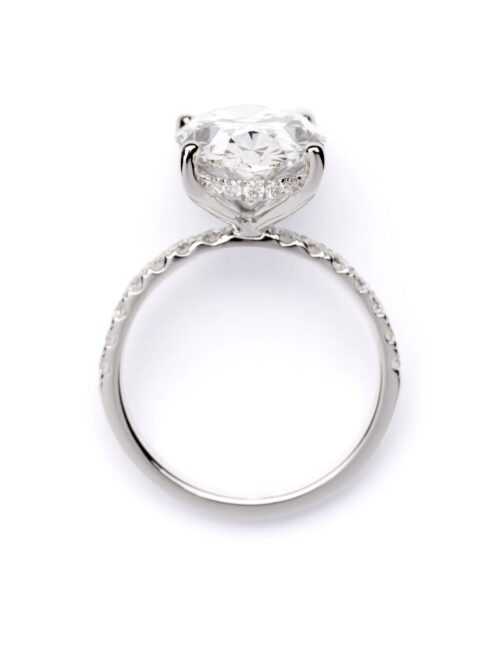 Trotters Platinum 5ct Oval Cut Lab Grown Diamond Ring With Diamond Set Shoulders And Hidden Diamond Halo