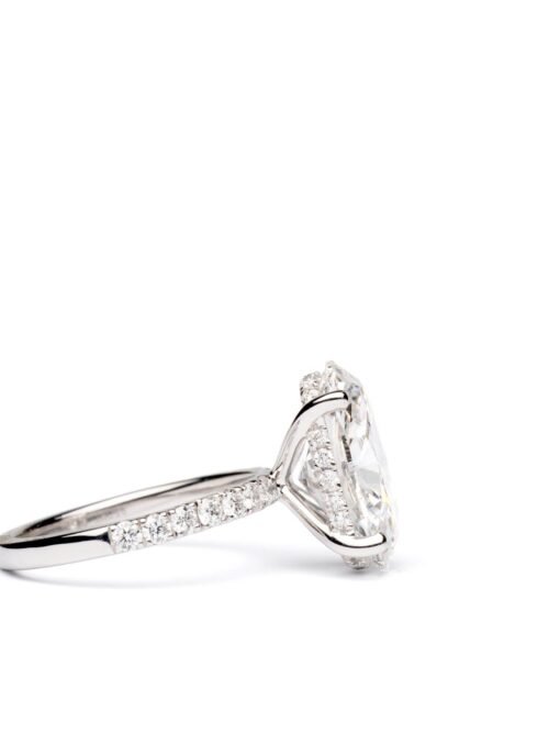 Trotters Platinum 5ct Oval Cut Lab Grown Diamond Ring With Diamond Set Shoulders And Hidden Diamond Halo